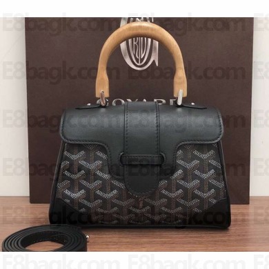 Goyard Wooden Handle Saigon Mini Tote Bag with Shoulder Strap Black