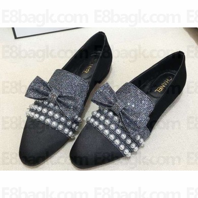 Chanel Grosgrain Loafers with Pearls and Bow G34249 Glitter Silver Gray 2019