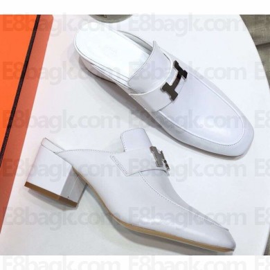 Hermes Heel 4.5cm Paradis Mules With Palladium-Plated H Buckle White