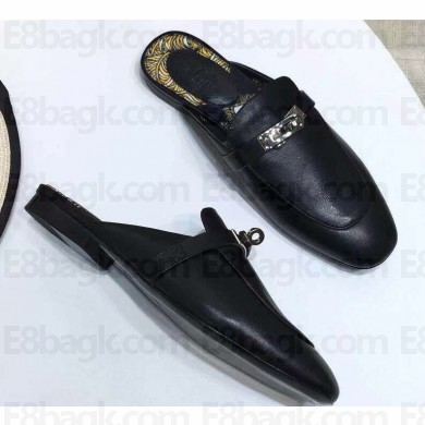 Hermes Calfskin Oz Mules With Palladium-Plated Kelly Buckle Black