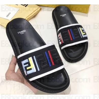 Fendi Slides Multicolour FF Logo Canvas Black 2019