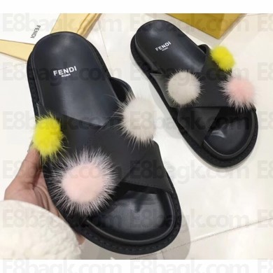 Fendi Slides Mink Pompom Black 2019