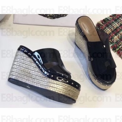 Hermes Patent Leather Platform 4cm Wedge Heel 11cm Studded Espadrille Sandals Black