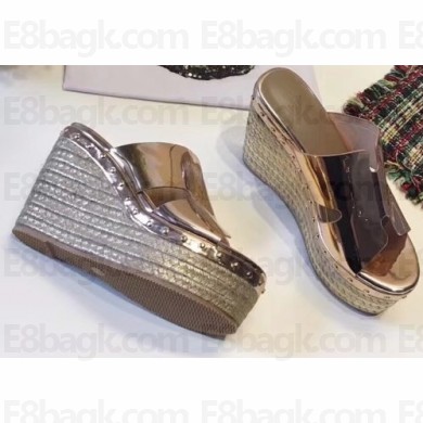 Hermes Patent Leather Platform 4cm Wedge Heel 11cm Studded Espadrille Sandals Gold