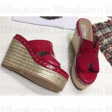 Hermes Patent Leather Platform 4cm Wedge Heel 11cm Studded Espadrille Sandals Red