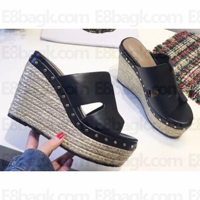 Hermes Calfskin Platform 4cm Wedge Heel 11cm Studded Espadrille Sandals Black