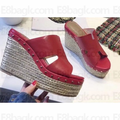 Hermes Calfskin Platform 4cm Wedge Heel 11cm Studded Espadrille Sandals Red