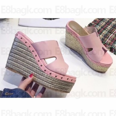 Hermes Calfskin Platform 4cm Wedge Heel 11cm Studded Espadrille Sandals Pink