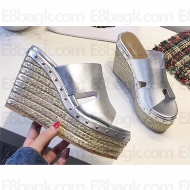 Hermes Calfskin Platform 4cm Wedge Heel 11cm Studded Espadrille Sandals Silver