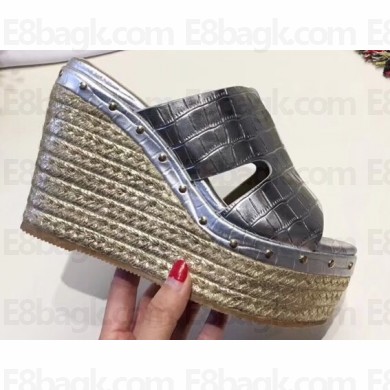 Hermes Croco Pattern Platform 4cm Wedge Heel 11cm Studded Espadrille Sandals Silver