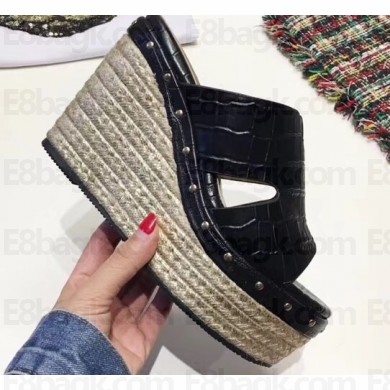 Hermes Croco Pattern Platform 4cm Wedge Heel 11cm Studded Espadrille Sandals Black