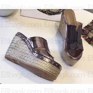Hermes Patent Leather Platform 4cm Wedge Heel 11cm Studded Espadrille Sandals Silver Gray