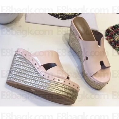 Hermes Patent Leather Platform 4cm Wedge Heel 11cm Studded Espadrille Sandals Beige