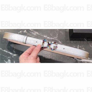 Dolce & Gabbana Width 2.5cm Dauphine Calfskin Belt Silver with Silver Crystals Logo