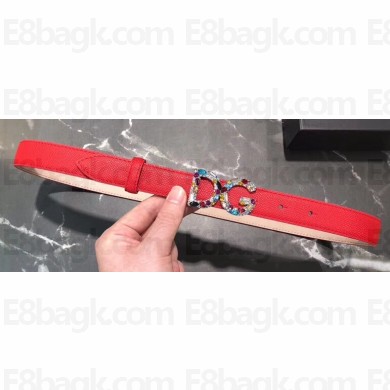 Dolce & Gabbana Width 2.5cm Dauphine Calfskin Belt Red with Silver Crystals Logo