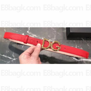 Dolce & Gabbana Width 2.5cm Dauphine Calfskin Belt Red with Gold Logo