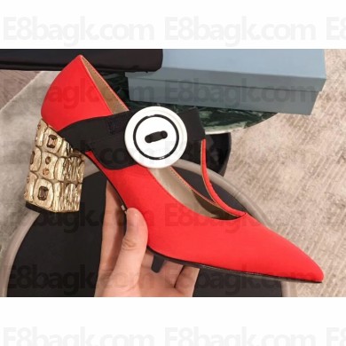 Prada Embellishment Heel Button Pumps Red 2019