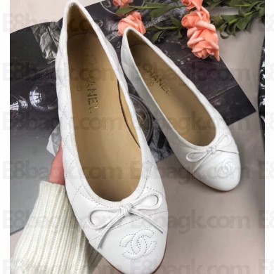 Chanel Leather Classic Bow Ballerinas Flats Quilted White