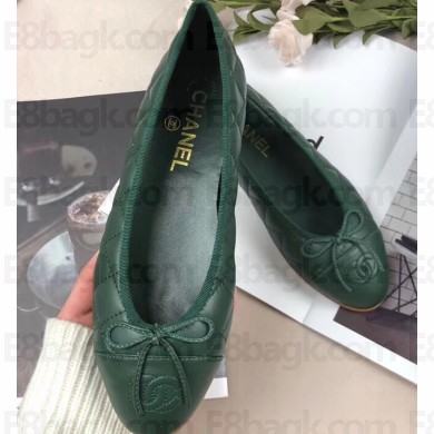 Chanel Leather Classic Bow Ballerinas Flats Quilted Green