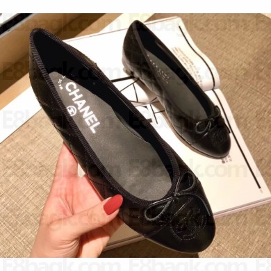 Chanel Lambskin Classic Bow Ballerinas Flats Quilting Crinkled Black