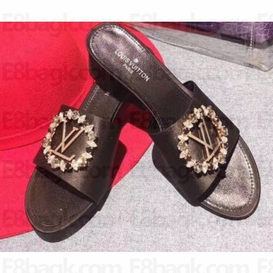 Louis Vuitton Heel 4.5cm Strass-paved LV Circle Satin Madeleine Mules Black 2019