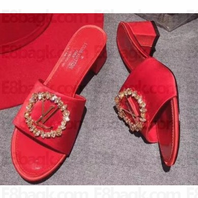 Louis Vuitton Heel 4.5cm Strass-paved LV Circle Satin Madeleine Mules Red 2019