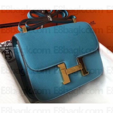 Hermes Constance Mini/MM Bag in Epsom Leather Denim Blue with Gold Hardware