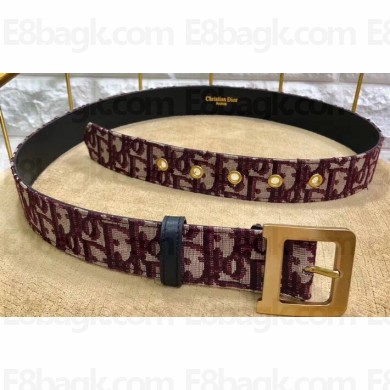 Dior Width 3.4cm Oblique Jacquard Canvas Diorquake Belt Burgundy