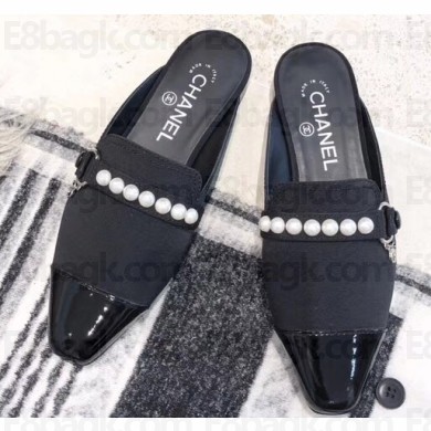 Chanel Pearl Slipper Sandals Mules Grossgrain/Patent Leather Black 2019