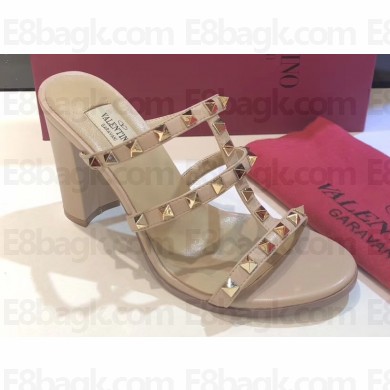 Valentino Heel 9.5cm Rockstud Mules Slide Sandals Nude