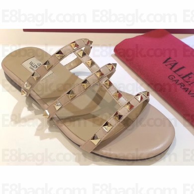 Valentino Rockstud Flat Slide Sandals Nude