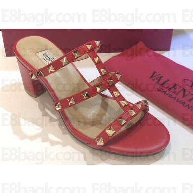 Valentino Heel 6.5cm Rockstud Mules Slide Sandals Red