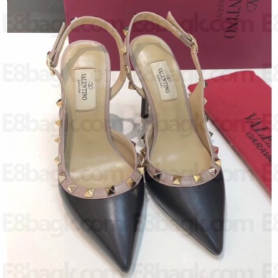 Valentino Heel 9.5cm Rockstud Sheepskin Slingback Pumps Black