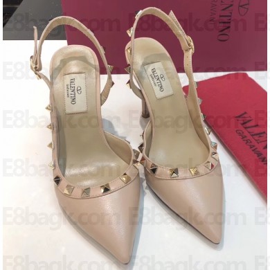 Valentino Heel 9.5cm Rockstud Sheepskin Slingback Pumps Nude