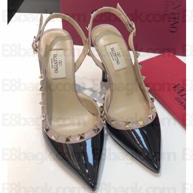 Valentino Heel 9.5cm Rockstud Patent Leather Slingback Pumps Black