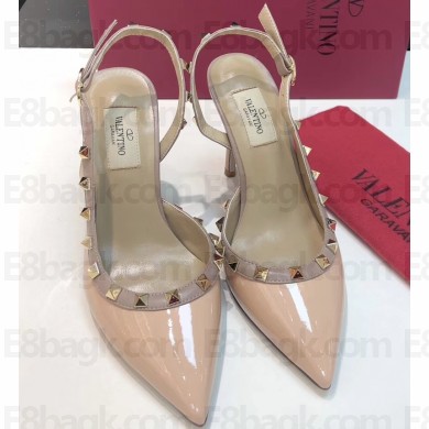 Valentino Heel 9.5cm Rockstud Patent Leather Slingback Pumps Nude