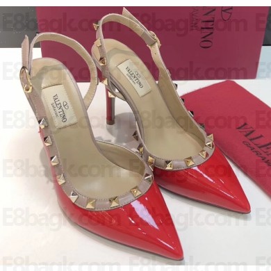 Valentino Heel 9.5cm Rockstud Patent Leather Slingback Pumps Red