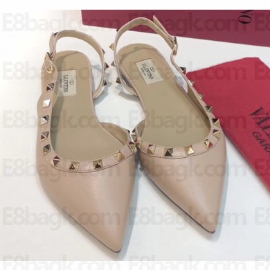 Valentino Rockstud Sheepskin Slingback Ballet Flats Nude