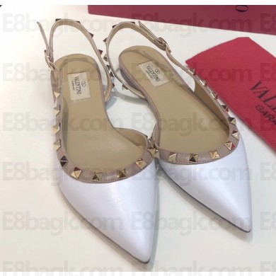 Valentino Rockstud Sheepskin Slingback Ballet Flats White