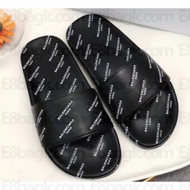 Balenciaga Slides Sandals All Over Logo Black