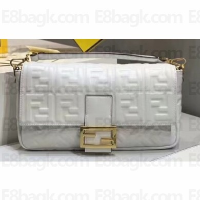 Fendi All-Over FF Motif Leather Large Baguette Bag White 2019