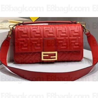Fendi All-Over FF Motif Leather Large Baguette Bag Red 2019