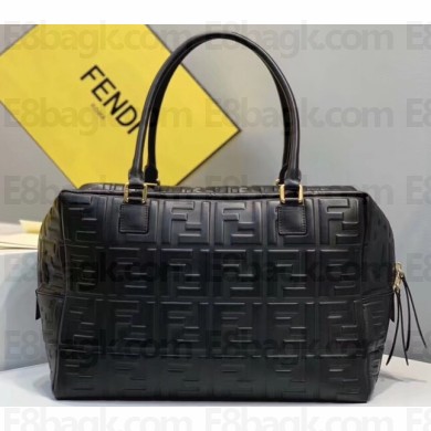 Fendi All-over FF Logo Motif Leather Medium Boston Bag Black 2019