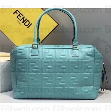 Fendi All-over FF Logo Motif Leather Medium Boston Bag Pale Blue 2019