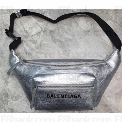 Balenciaga Front Logo Leather Everyday Belt Pack Bag Silver
