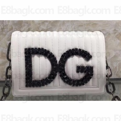 Dolce & Gabbana Black Crystal DG Girls Shoulder Bag In Quilted Nappa Leather White