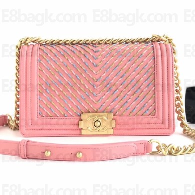 Chanel Embroidered Chevron Boy Medium Flap Bag Pink 2019