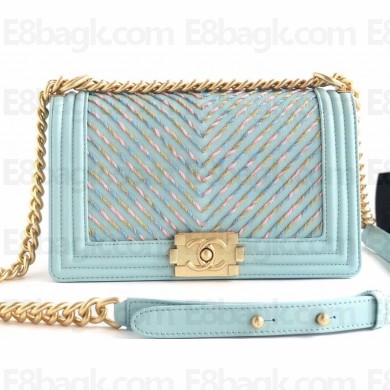 Chanel Embroidered Chevron Boy Medium Flap Bag Light Blue 2019