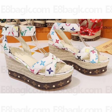 Louis Vuitton Heel 10cm Platform 6cm Timelapse Wedge Sandals Monogram Canvas White/Multicolor 2019