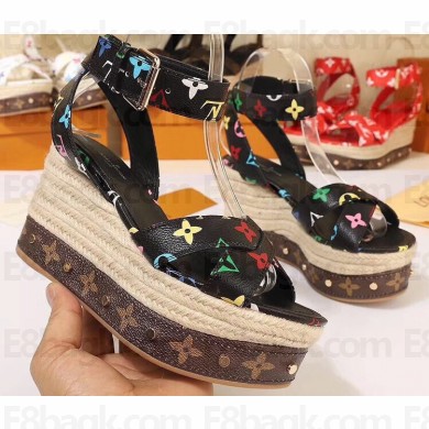 Louis Vuitton Heel 10cm Platform 6cm Timelapse Wedge Sandals Monogram Canvas Black/Multicolor 2019